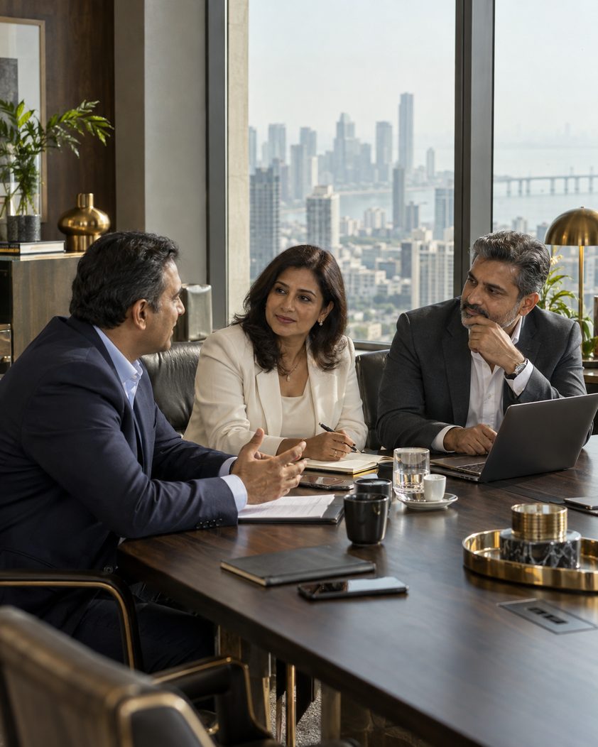 Illustrative photograph of business professionals in discussion in a contemporary Mumbai office.
