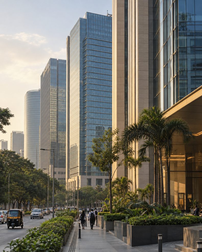 Illustrative photograph of contemporary office towers in a Mumbai commercial district.