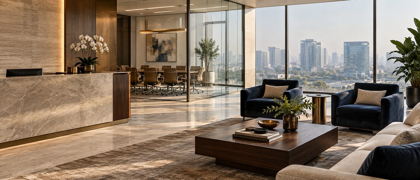 Illustrative photograph of a contemporary corporate office interior.